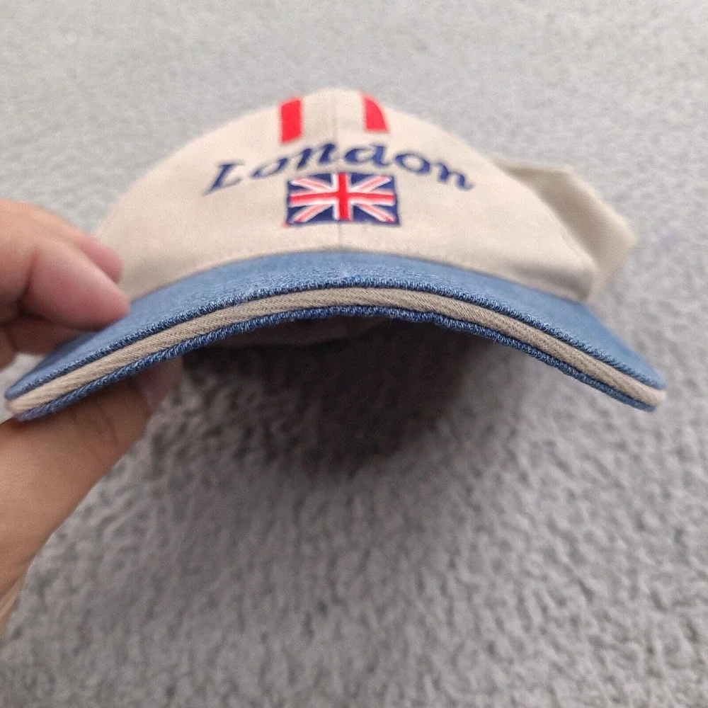 London UK British Hat Cap Beige Blue Denim Flag Buckle Strap‎ One Size Cotton